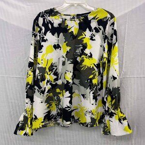 Ellen Tracey Black Yellow White Modern Camo Print Blouse Ruffle Cuff Sz XL